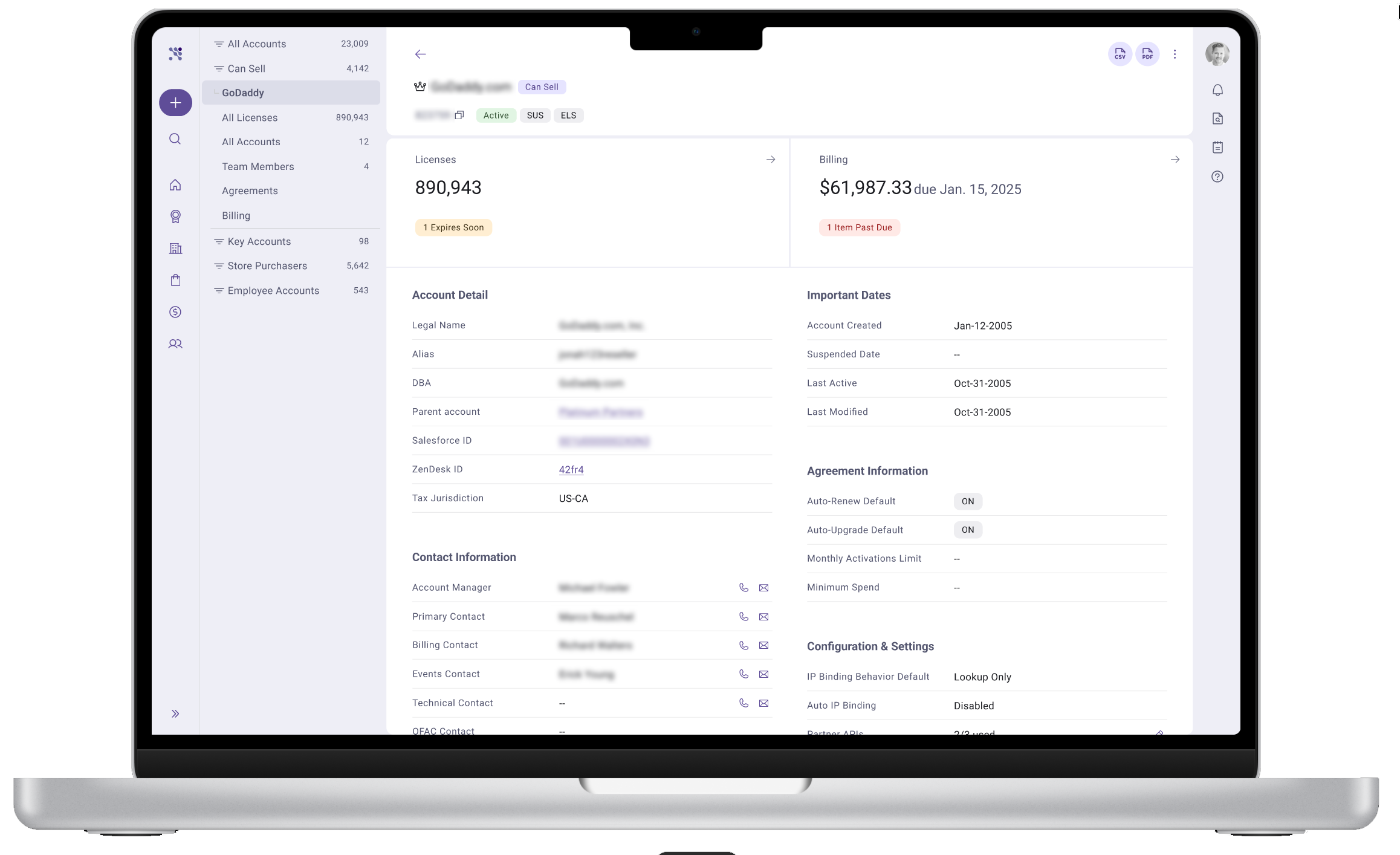 Partner Dashboard showing GoDaddy account with licenses and billing details