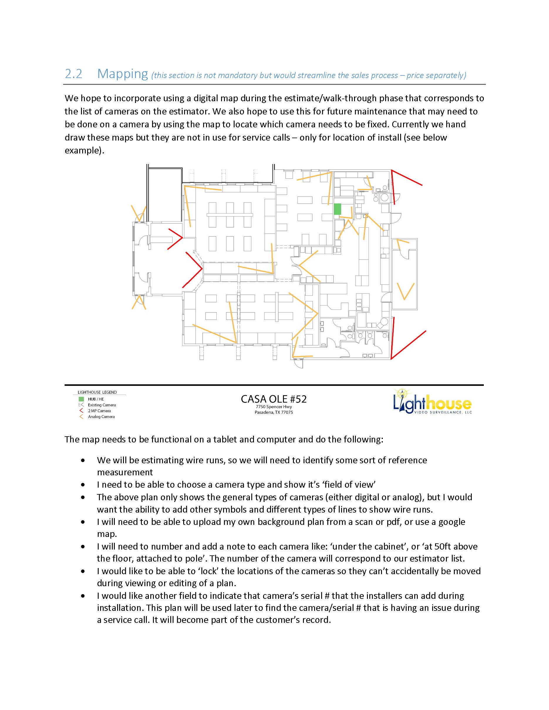 Floor plan diagram with camera placement and field-of-view visualization