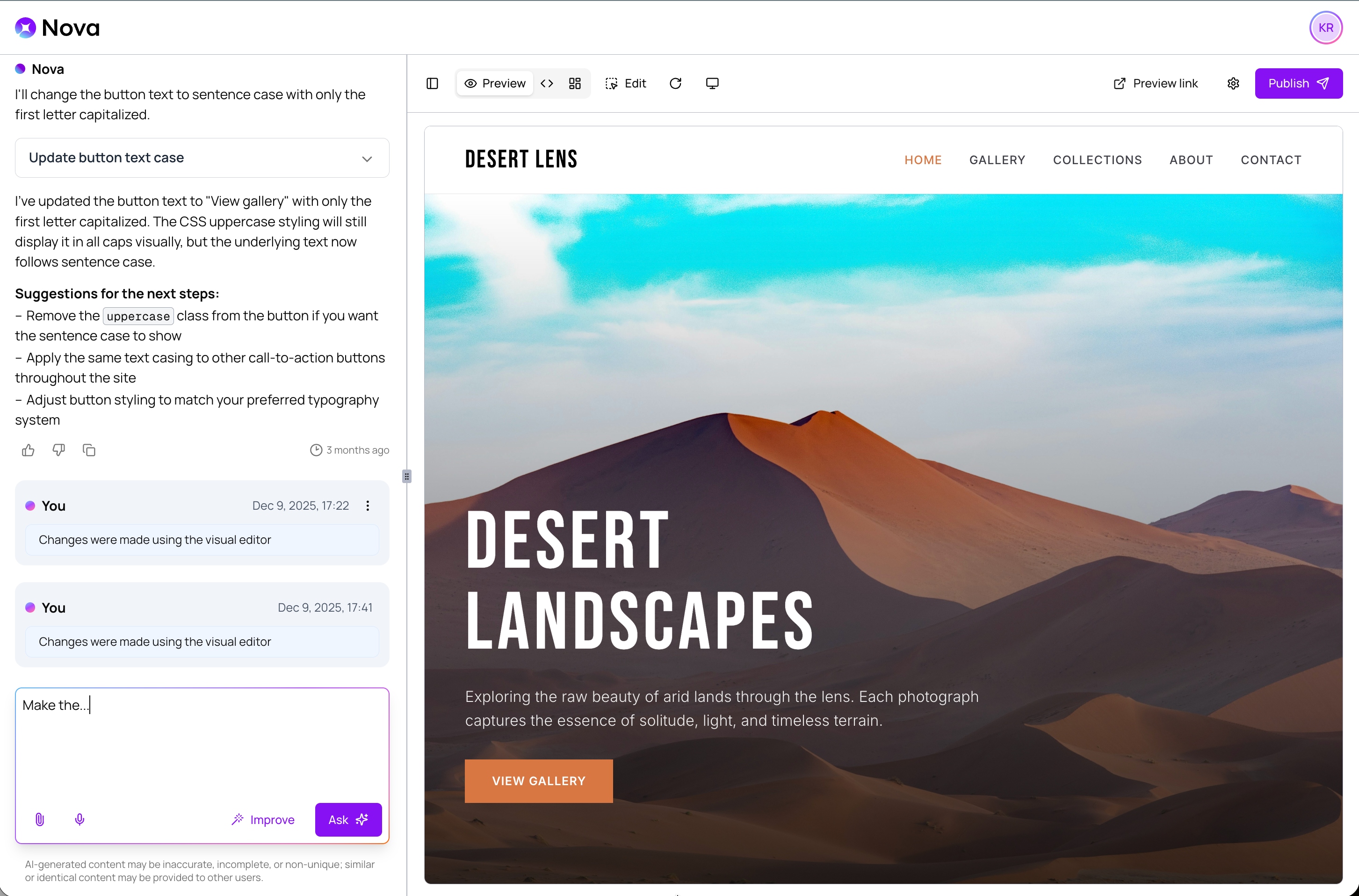 Nova AI App Builder with conversation panel and live website preview