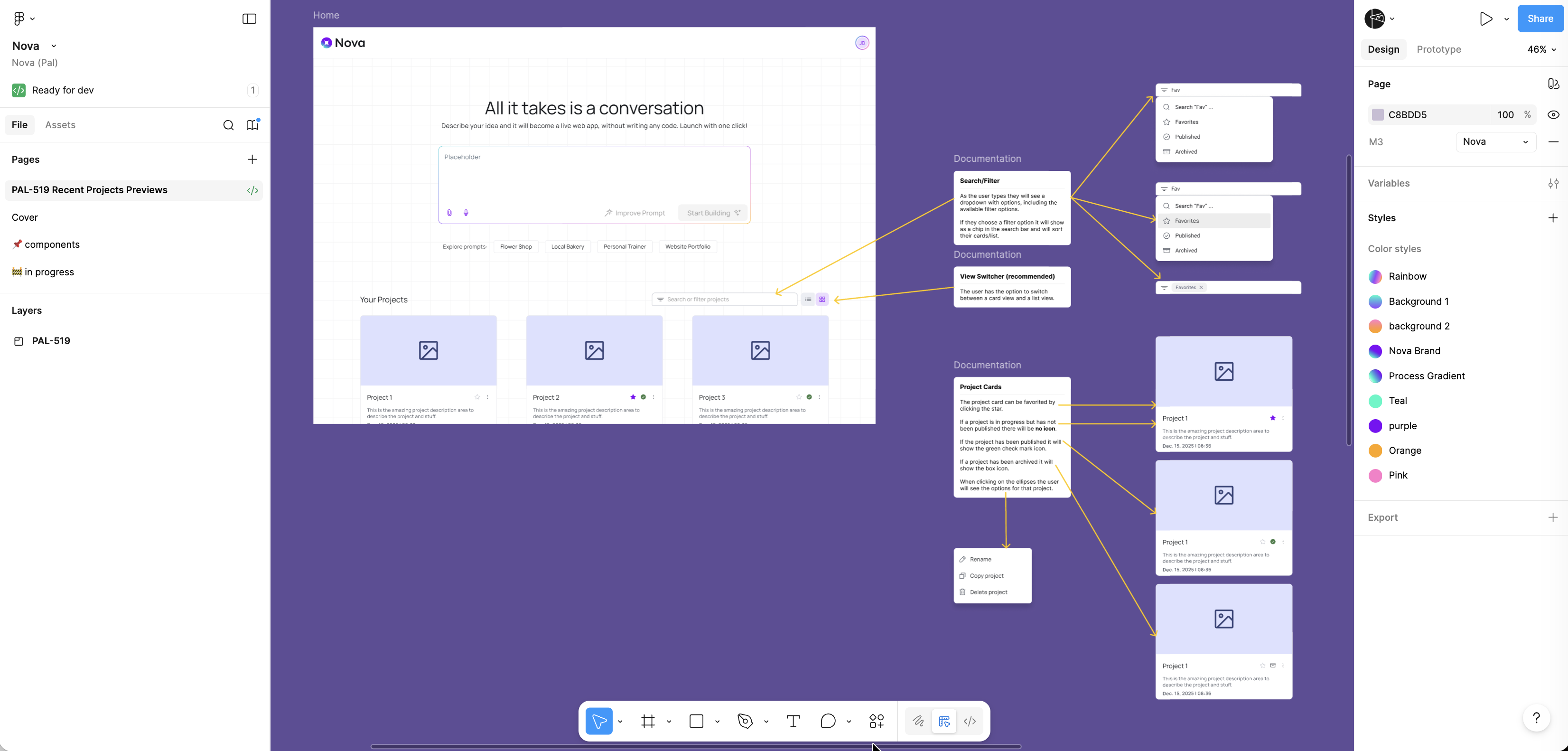 Figma design file showing Nova Recent Projects with documentation and M3 design system integration